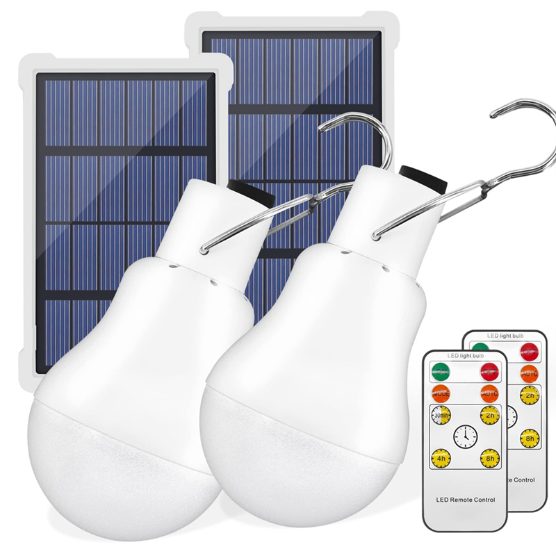 Portable Solar Light Bulbs USB Rechargeable Emergency LED Bulbs With Remote Timer Fit For Shed Hiking Camping Tent 2 Set