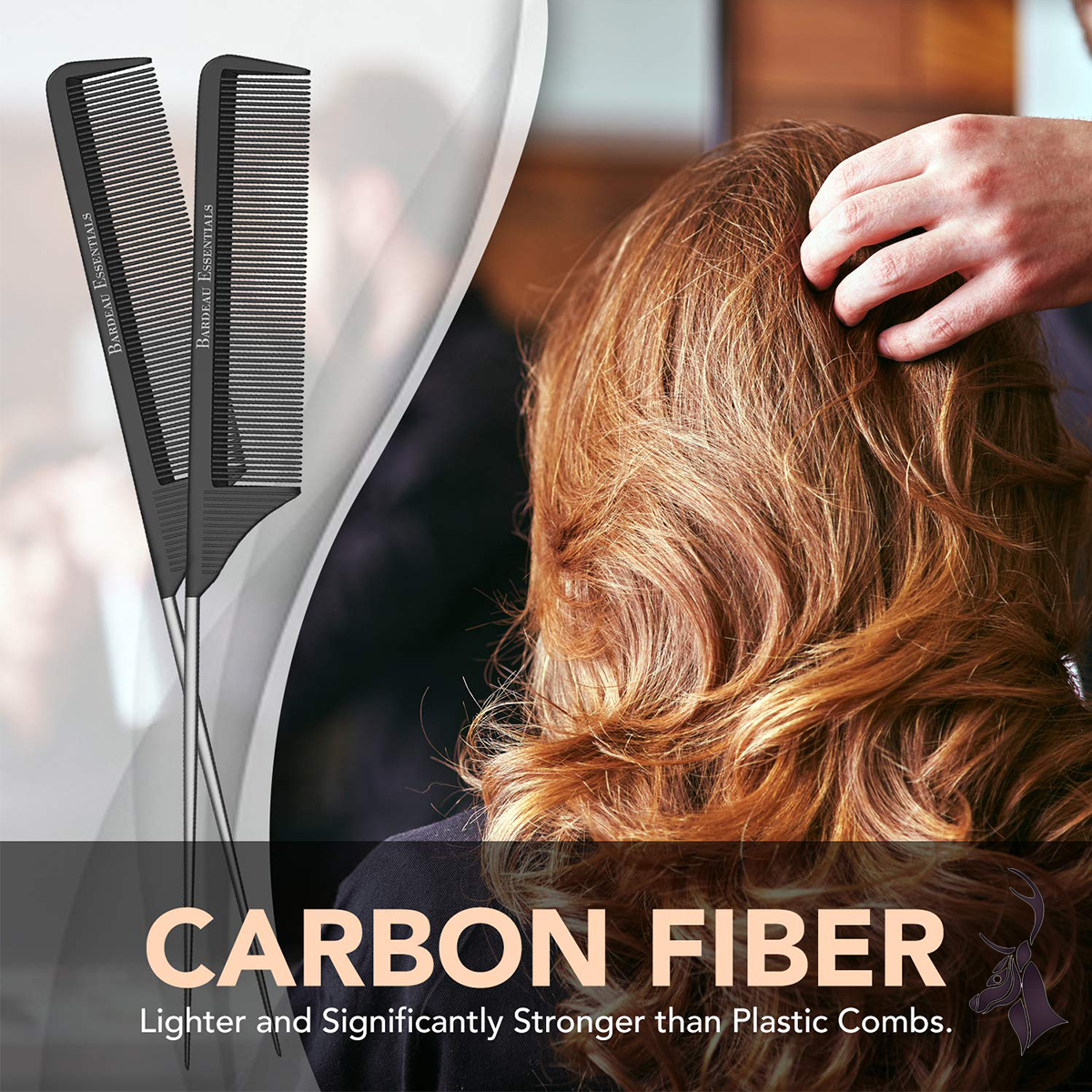 2 Pieces Professional 8.8 Inch Tail Comb Black Carbon Fiber And Stainless Steel Pintail Heat Resistant Comb Lightweight For All Hair Types Barber and Saloon