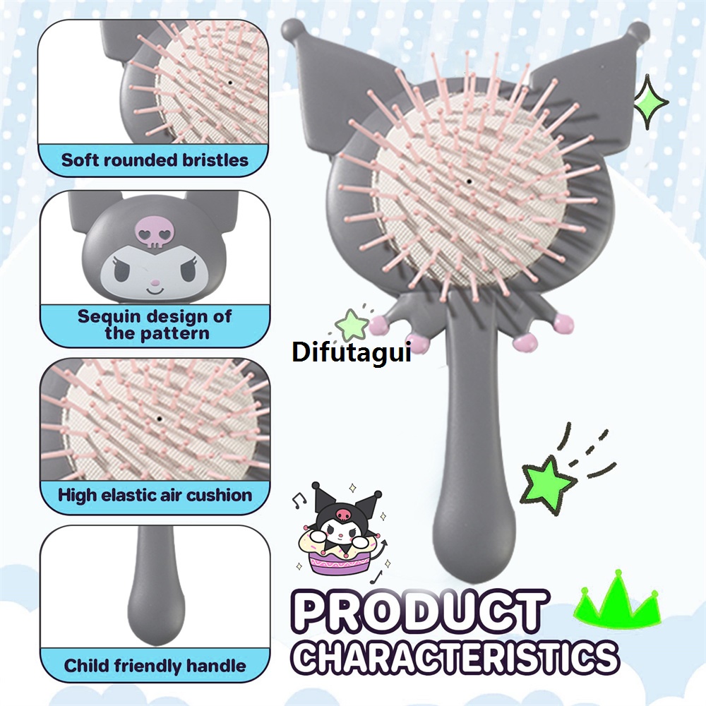 Difutagui Massage Mini Travel Portable Styling Airbag Mirror Hairbrush Fashion MinisoKuromi Head Massage Hair Brush Anti-Knot Hair Brush