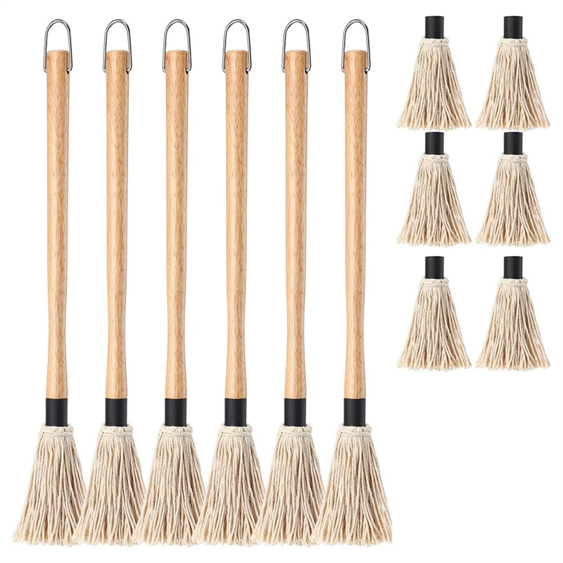 6Pcs 18Inch Grill Basting Mop with 6 Extra Replacement Heads BBQ Sauce Basting Mops Brush with Long Wooden Handle
