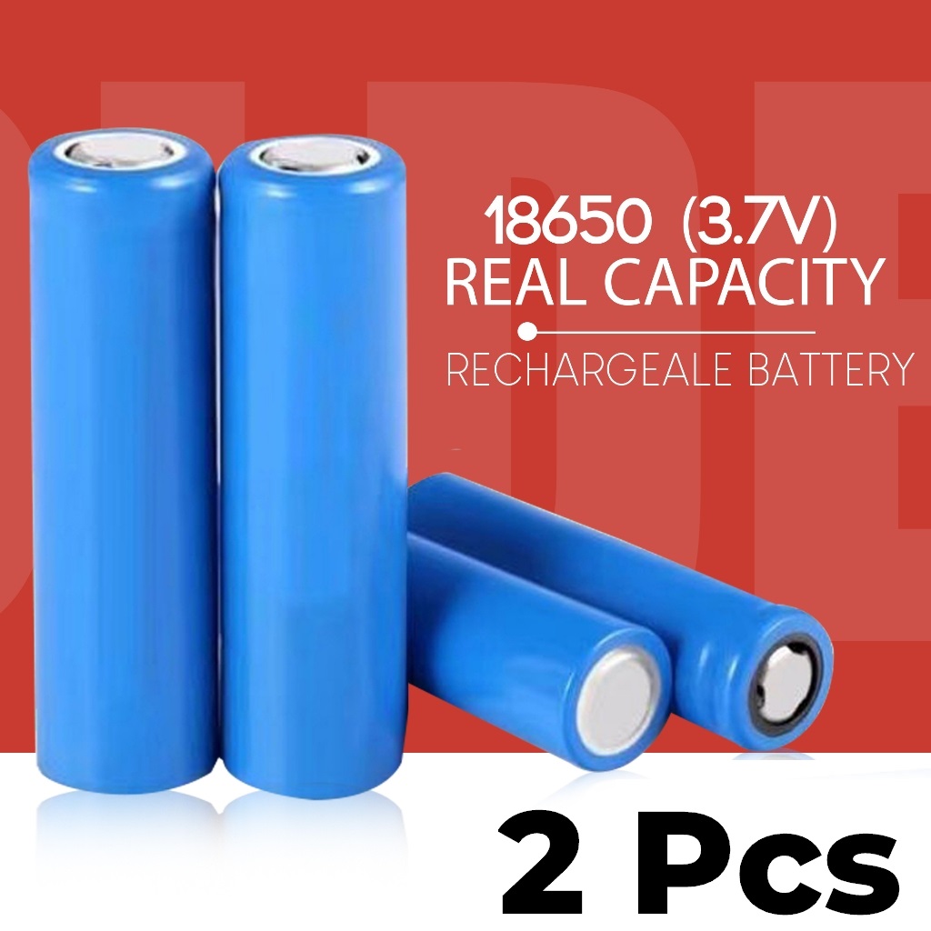 2 pcs Rechargeable 18650 Battery - 3.7V Flat Top Li-Ion Battery for MP4 Players & Mini Fans | Lithium Battery for Fan & Kipas | Blue Rechargeable Li-Ion 18650 Battery