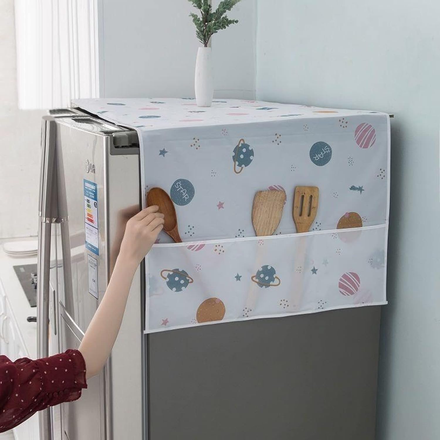 Fridge Cover for Top with 6 Utility Pockets Cartoon Prints Waterproof Single Door