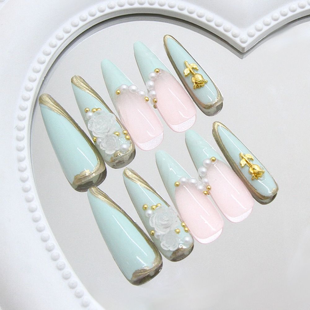 24pcs Manicure Long Almond Stiletto False Nails French Green Wavy Press on Nails Cool Rose Pearl Fake Nails DIY