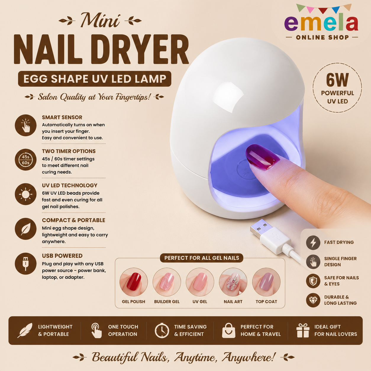 Mini Nail Dryer Egg Shape 6W UV LED Lamp for Nail Single Finger Lamp Nail Gel Polish Dryer Drying Machine Smart Sensor 45s / 60s USB Connector Curing Lamps