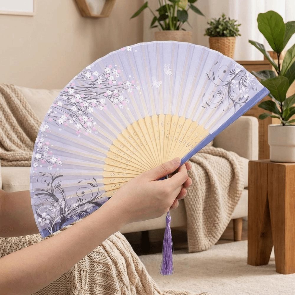 Portable Floral Pattern Silk Bamboo Fan Handheld Fan Translucent Chinese Hand Fan Handmade Craft Decorative Fan Dance Fan Photo Props