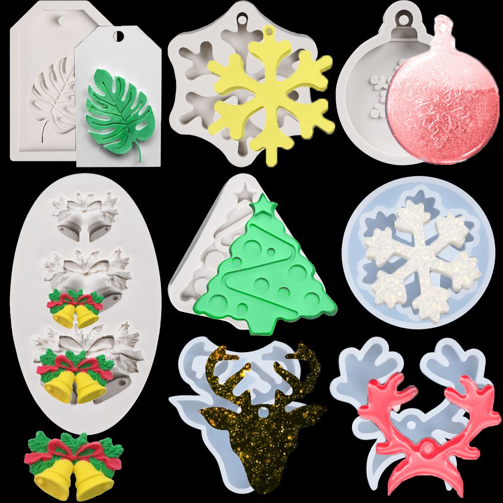 DIY Xmas Ornament Epoxy Resin Christmas Mould Snowflake Bell Deer Xmas Tree Shape Silicone Casting Mold