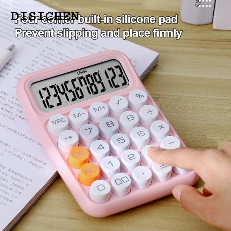 DISICHEN Luxury Mechanical Calculator Pink Cute 12 Digit Large LCD Display Big Round Button Use As Office Calculators Desktop 15°Tilt Screen For