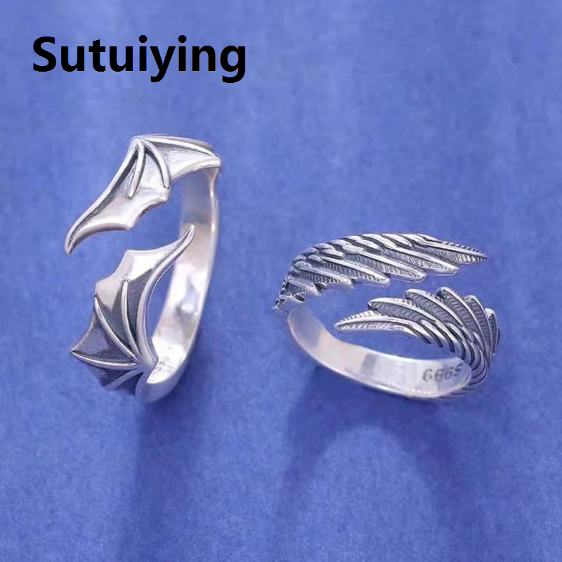 Sutuiying Angel Demon Wing Couples Rings For Women Men Matching Best Friend Trendy Promise Ring for Teen Thumb Jewelry Engagement
