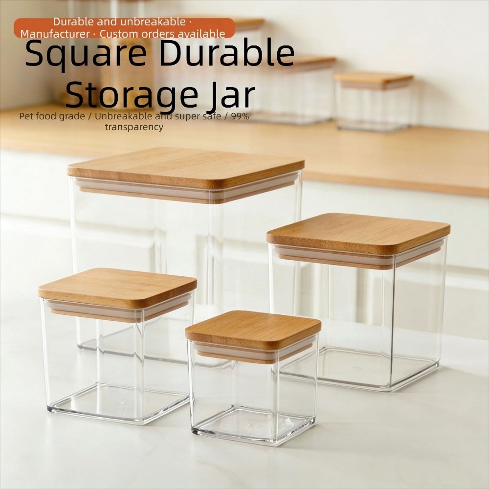 Multi-Functional Transparent Square Storage Jars Moisture Proof Bamboo Lids Spice Containers Clear Sealed Can Pantry Organizer Kitchen
