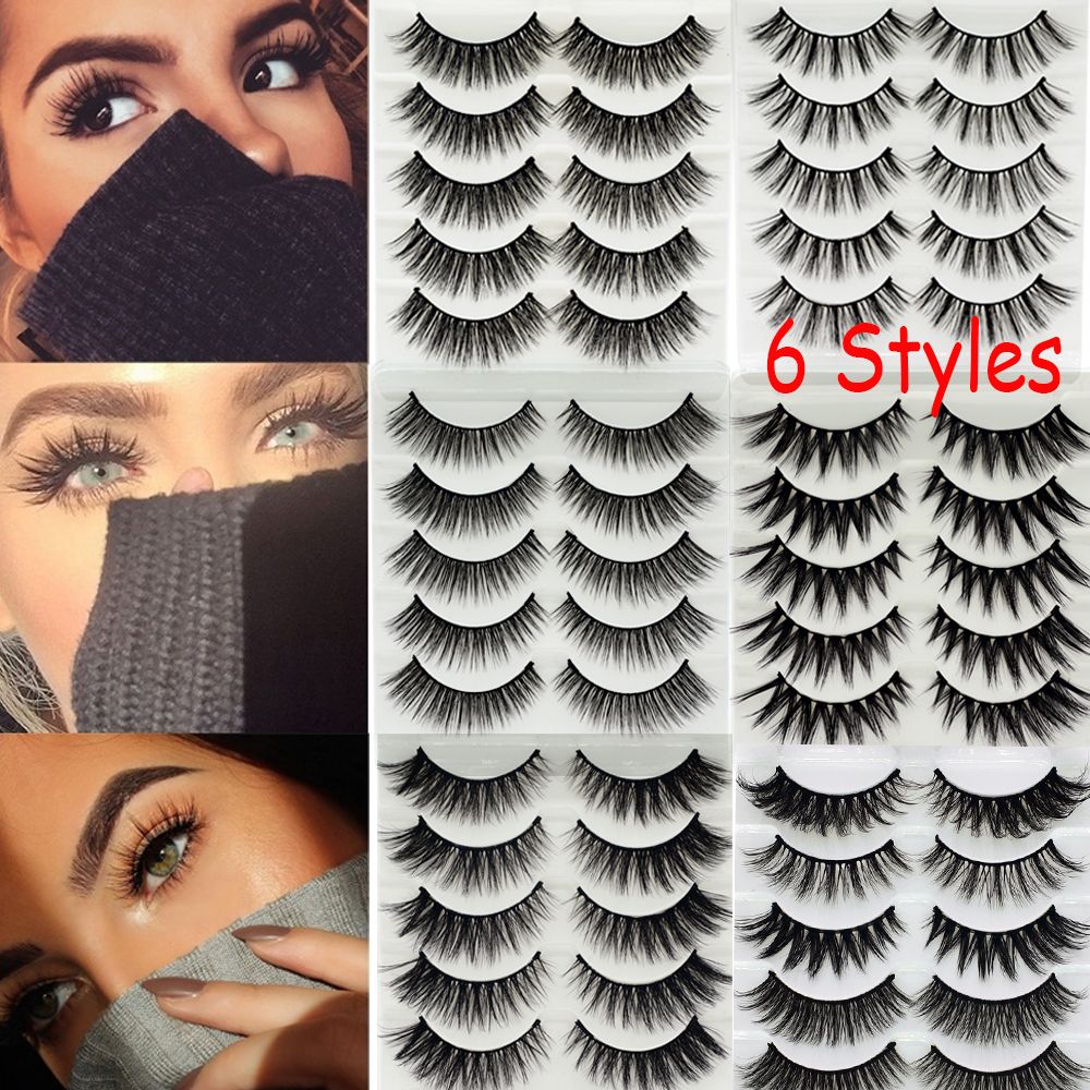 SKONHED 5 Pairs Woman's Fashion Handmade Multilayer Natural Long 3D Faux Mink Hair False Eyelashes Thick Cross