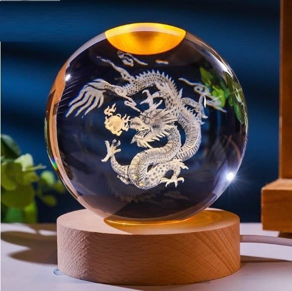 3D Dragon Crystal Ball Night Light with Wooden Base - LED USB Table Lamp for Kids, Teens, and Home Decor By Mama Bhanja