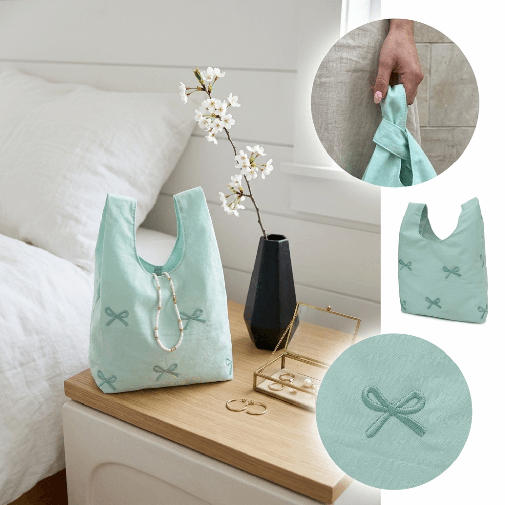 Portable Fabric Embroidered Handbag Soft Body Bow Embroidery Fabric Tote Bag Lightweight Pastel Colors Cute Handbag Daily Outings