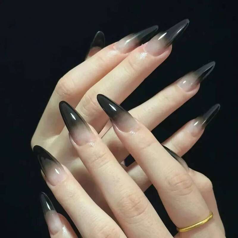 24pcs Black Gradients Long Paragraph Manicure Patch Reusable Adhesive False Al Fake Nails Press On Stiletto