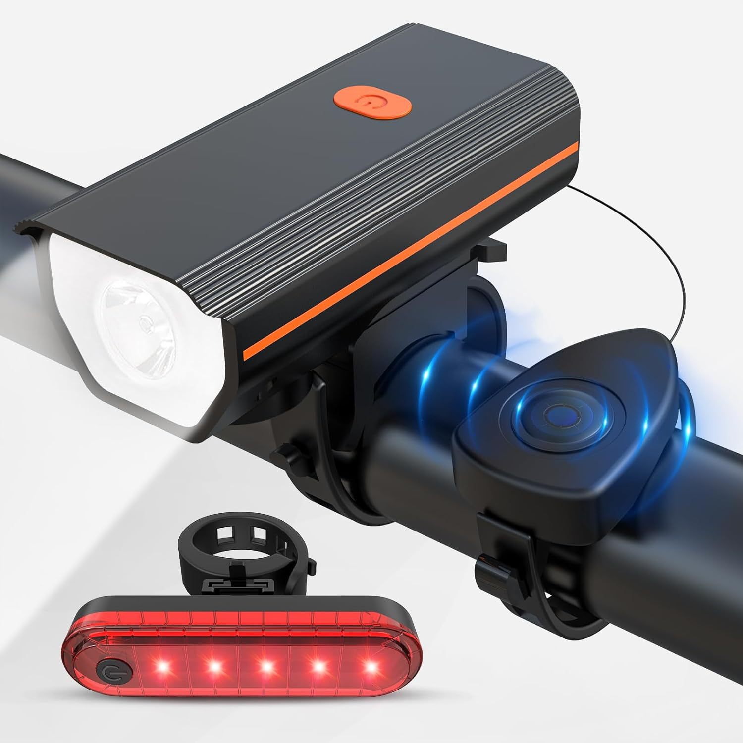 Rechargeable bicycle light with electric bell, super bright mountain bike light, night riding horn light, 2-in-1 with tail light set