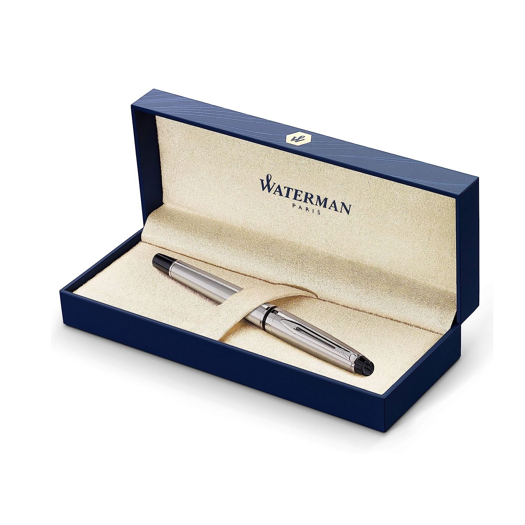 Waterman Expert Fountain Pen, Stainless Steel with Chrome Trim, Fine Nib with Blue Ink Cartridge, Gift Box