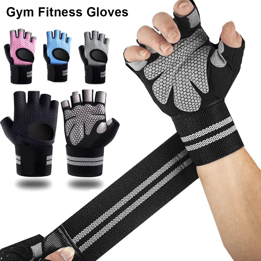 1Pair New with Wrist Wrap Support Gym Fitness Gloves Breathable Half Finger Exercise Wristband Gloves Anti-slip Weight Lifting Equipment for Men Women