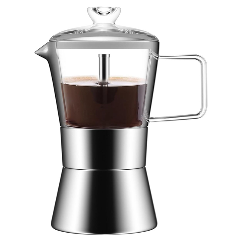 Italian Coffee Maker Espresso Moka Pot Glass-Top & Stainless Steel Espresso Moka Pot,Classic Italian Coffee Maker, 240Ml