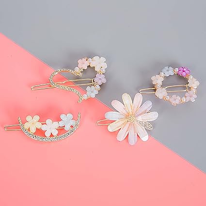 4 Pcs/Set Acrylic Decorative Hair Clips & Hair Pins - Cute Flowers Colorful Sparks Sweet Color Cute & Beautiful Flower, Heart, Moon & Circle Hair Clip Women Girl, Hair Accessories (Muti Colors-Flower 4 pcs)