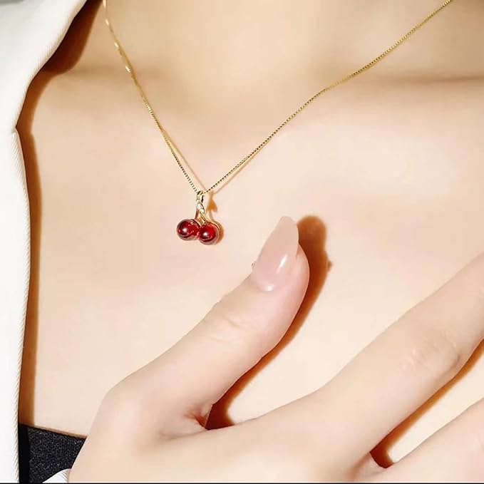 1 Piece Cherry Red Stone Sterling Gold Pendant Necklace /Water Waves Chain Necklace For Women