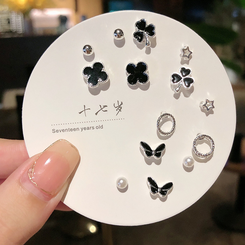 7-Pair Women’s Acrylic Stud Earrings Set - Heart, Star, Moon, Crown & Animal Cute Designs