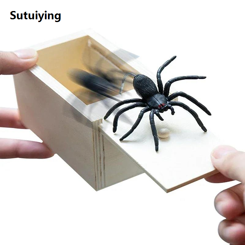 Sutuiying 1PC New Trick Spider Funny Scare Box Wooden Hidden Box Prank Trick Horror Spiders Fun Game Halloween Party Decoration Gifts