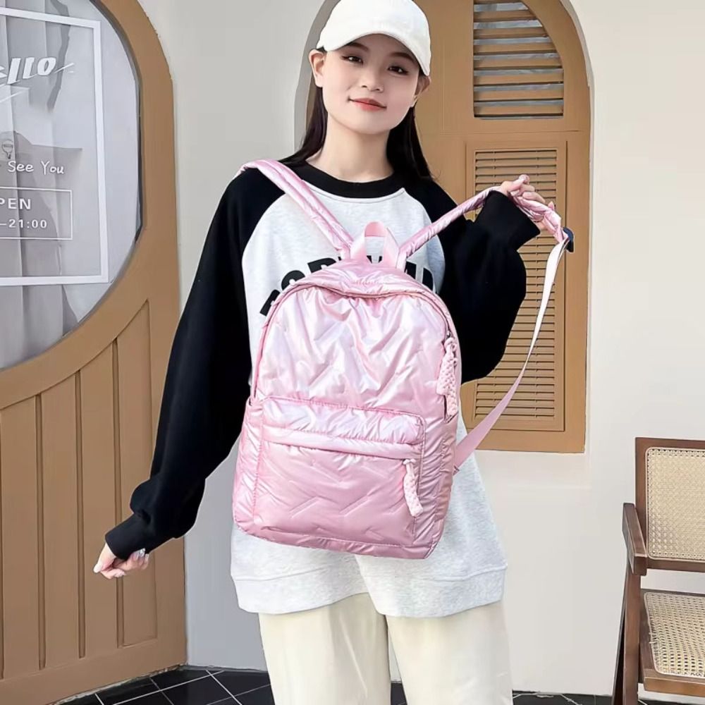 Portable Solid Color Space Cotton Backpack Cloud Nylon Bubble Shoulder Bag Large Capacity Knapsack Student Schoolbag Teenagers