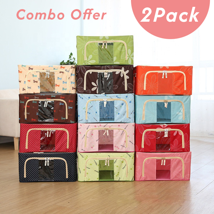 66L Foldable Steel Frame Storage Bag - Oxford Fabric Clothes Organizer with Zip & Clear Window for Wardrobe, Sarees, Bed Sheets, Blankets | Pack of 2