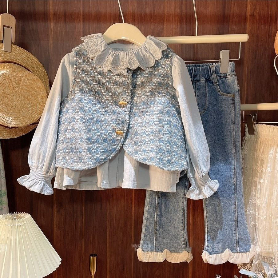 Child star round girls spring clothes small fragrance style fashionable foreign style children's clothes autumn girls vest shirt jeans set