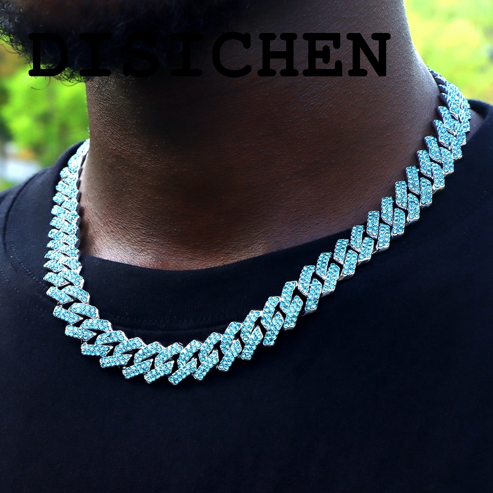 DISICHEN 2025 New Iced Out Blue Crystal Cuban Link Chain Necklace for Women Men HipHop Color Rhinestones Paved Miami Cuban Necklace Rapper Jewelry