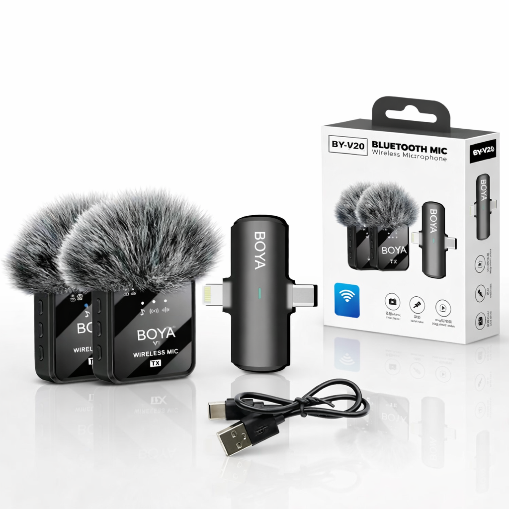 BY-V20/V10 Type-C Mini Wireless Lavalier Microphone Dual Mic (2TX), Omni-Directional Noise Reduction Clip Mic for Mobile, Live Streaming, Vlogging & Recording