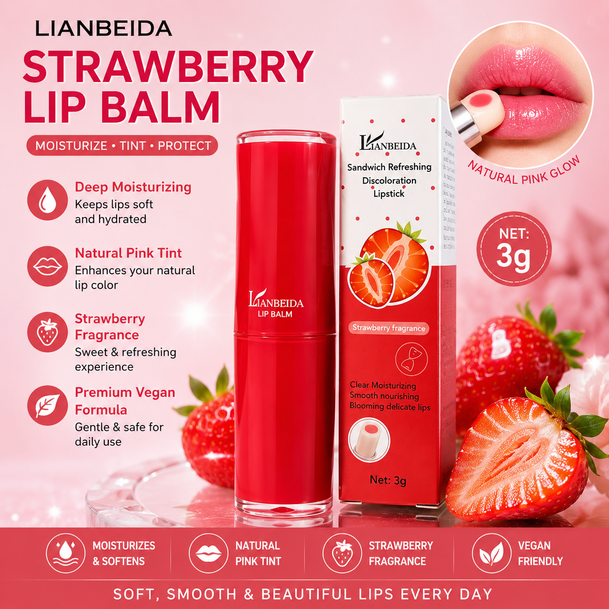 Lianbeida 2-in-1 Strawberry Flavor Lip Balm - Cute Design, Moisturizing Natural Tint, Premium Vegan Formula - 1 Piece