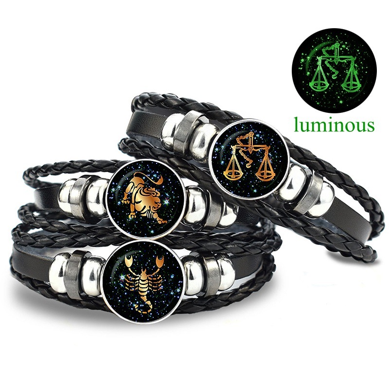 【New Arrivals】Luminous Twelve Constellations Couple Bracelet Distinctive Fluorescent Men's Woven Leather Bracelet Retro Bracelet Women's Jewelry