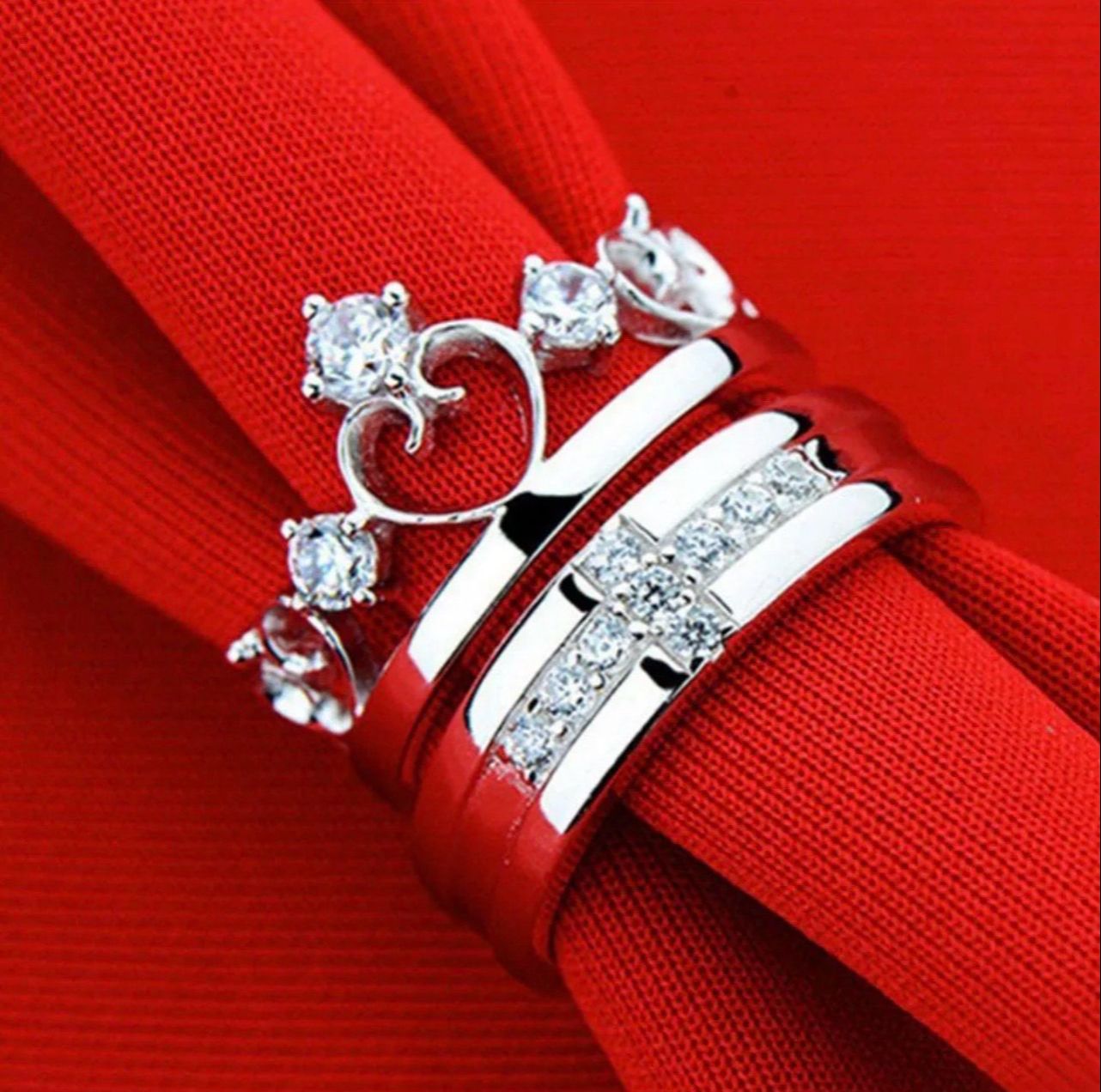 One Pair King And Queen Crown Couple Ring Set Alloy Cubic Zirconia For Valentine Day❤️