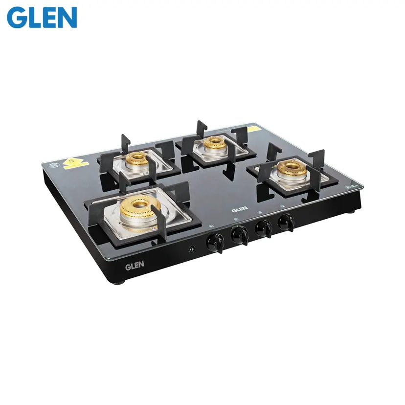 Glen 4 Burner Glass Gas Stove with High Flame Forged Brass Burner Auto Ignition (1048 SQ GT AI FB SS)
