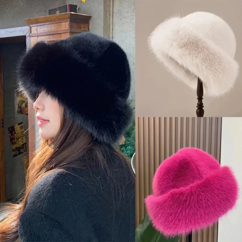 New Warm Fluffy Fur Bucket Hat Cold Snowy Day Panama Cap Ear Protection Thicken Winter Hat Chrismas Gifts