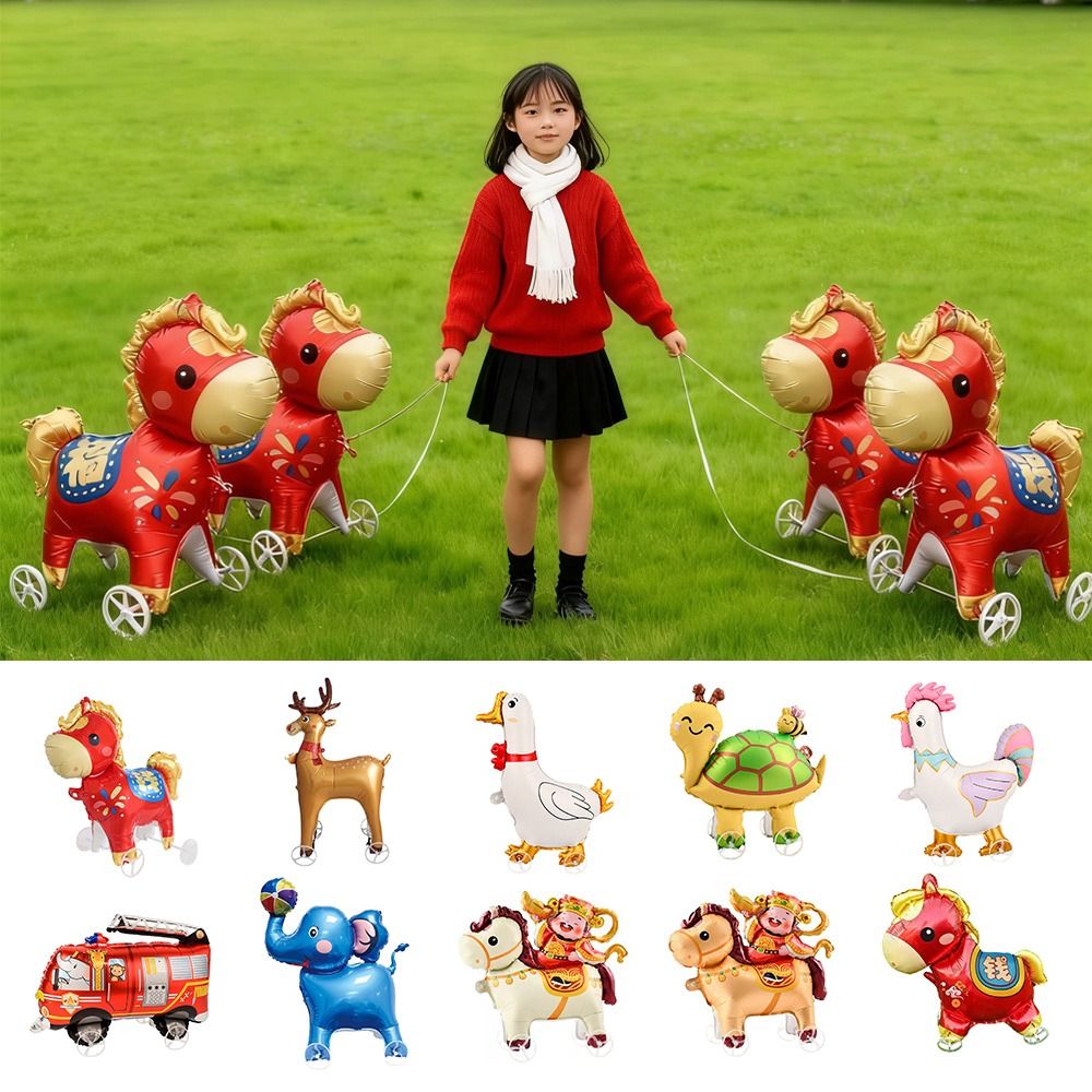 Children Toy Cartoon Design 4D Balloons Cute Version Multi Style Aluminum Foil Balloon With Wheel Walking Balloon New Year Celebration