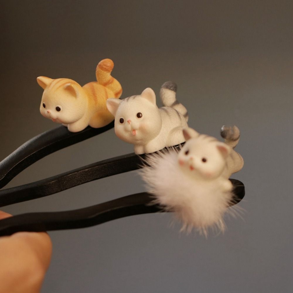Women Cute Antique Hairball Cheongsam Cat Ancient Headwear Cartoon Wooden Hairpin Ancient Style Hairpin Chinese Style Headwear Hanfu Hair Sticks