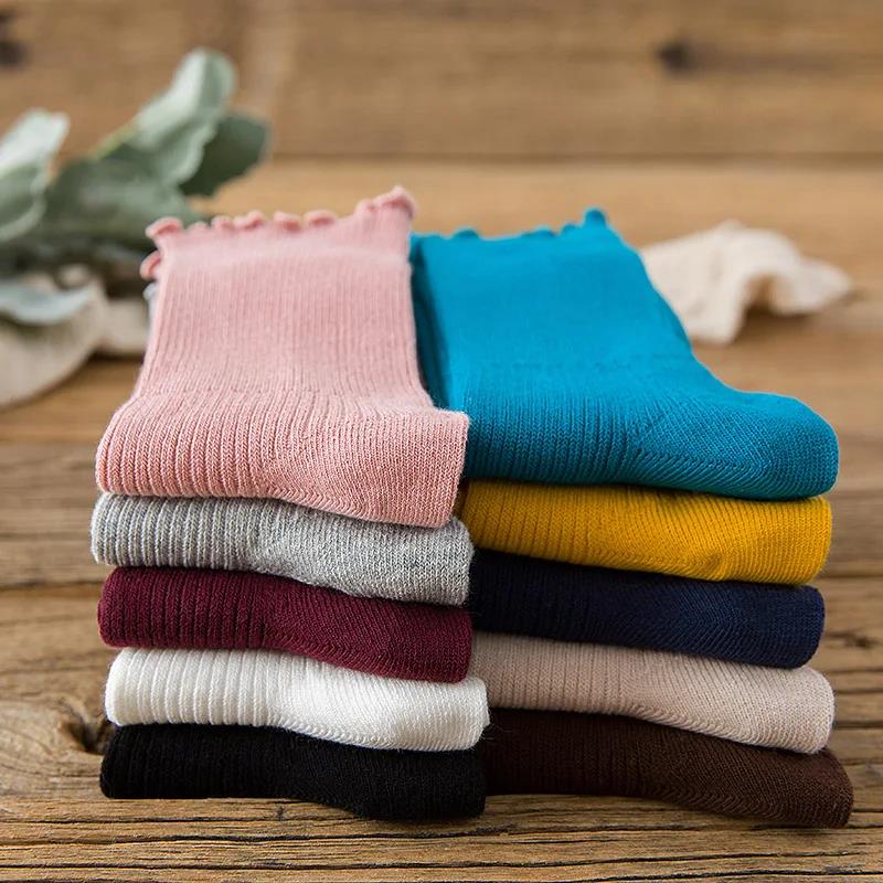 2025 New Socks princess cute solid color socks stacked cotton-trimmed socks lace ladies 1 pair of trimmed ruffles calves retro spring and autumn thin model
