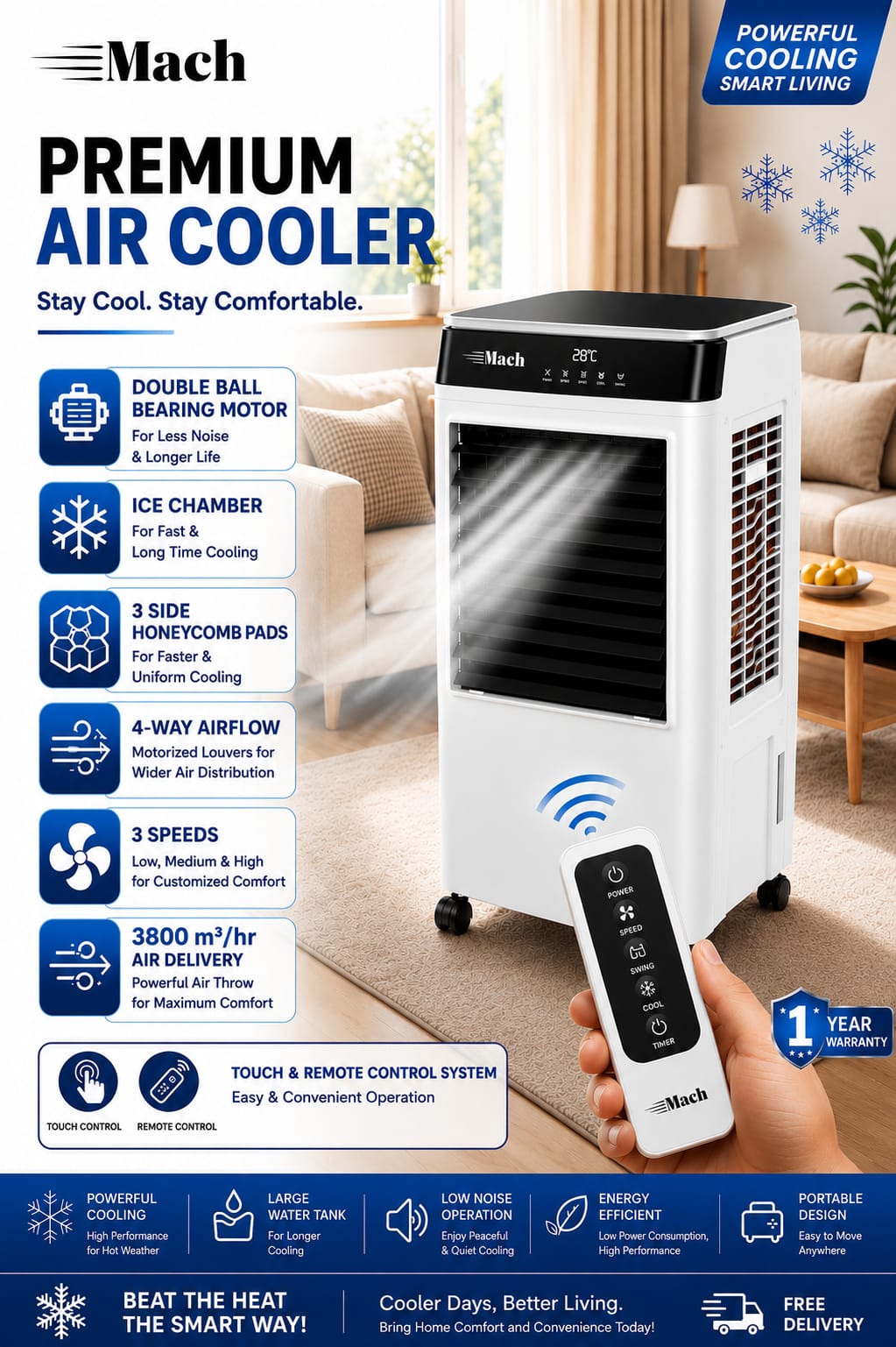 MACH 45 Liters Mini Desert Air Cooler MACH45RE0061 with Honeycomb Cooling Pads, Ice Chamber, 4-Way Airflow