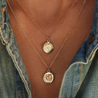 【Pocket king VOX】docona Bohemian Gold Color Moon Star Crystal Pendant Necklace for Wo Girl Metal Mutil-Layered Necklaces Collares 6176