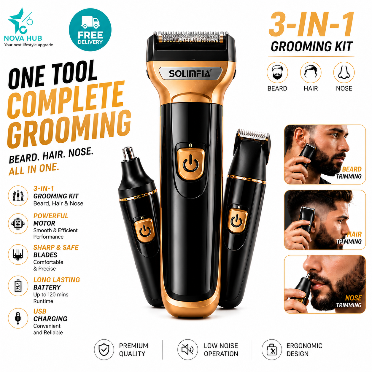 SOLIMPIA HT-672 3 in1 Powerful hair and beard trimmer for men | Professional Hair trimmer for men + Electric Beard Shaver + Nose Trimmer Set | Powerful Motor | 1000mAh durable battery | Complete professional grooming kit 3in1 beard trimmer | Double Blade