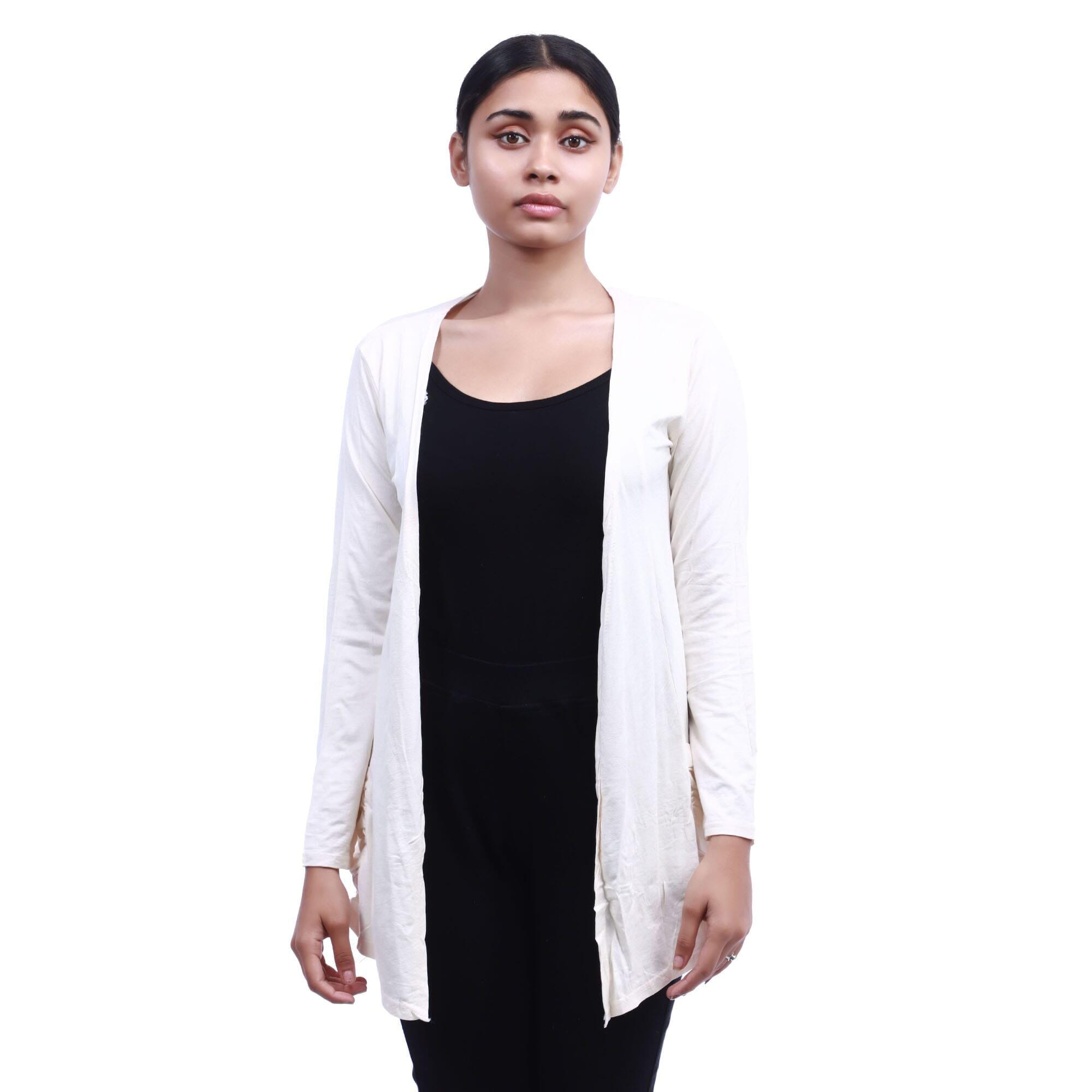 White Color Cotton Full Sleeves Side Pocket Design Outer For Women