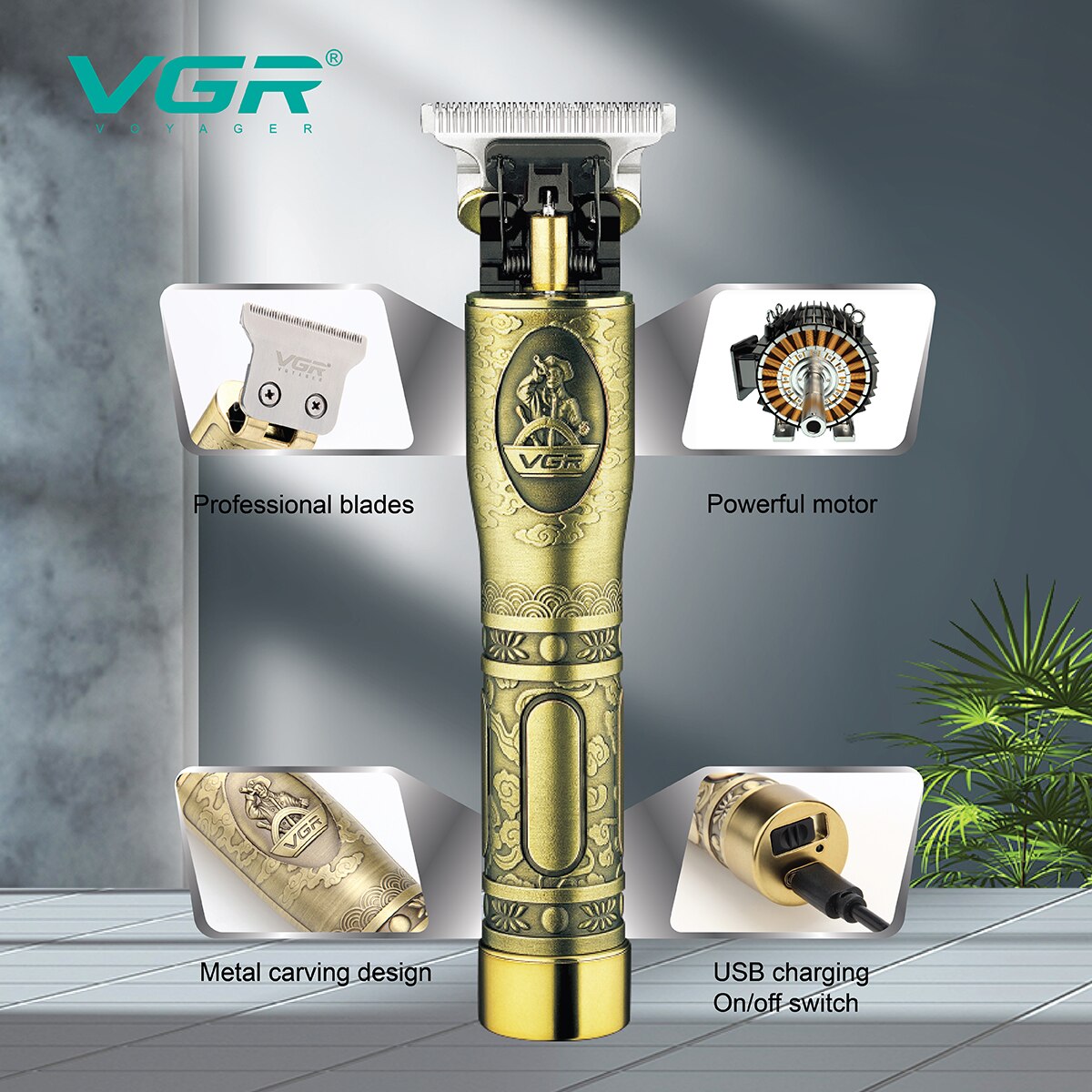 VGR 081 Hair Clipper Professional Rechargeable Personal Care Vintage Engraving Scissors T9 Trimmer USB Reduction Barber V081