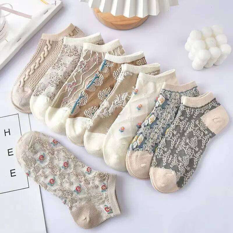 3/6/9 Pairs Womens No Show Victorian 3D Embroidery Retro Boho Ankle Non-Slip Breathable Cotton Invisible Boat Socks