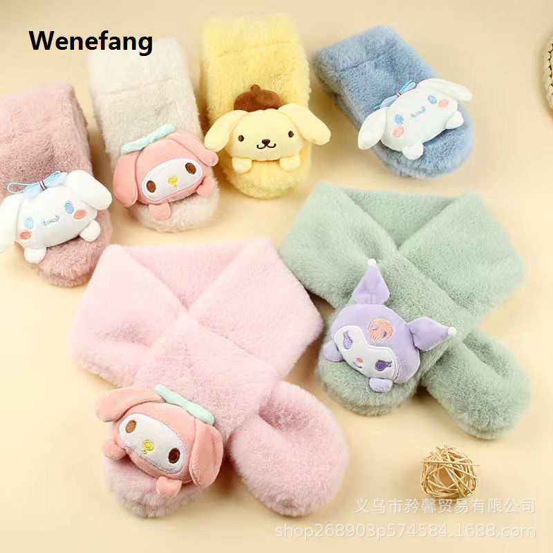 Wenefang Sanrio Plush Scarf Kuromi Melody Children's Winter Plush Scarf 【2025 Version】 Cinnamoroll Pochacco Imitation Rabbit Fur Baby Neck Thickened