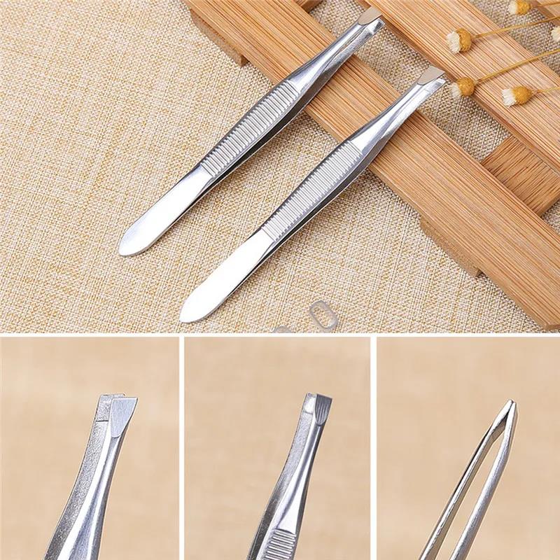 HOT 2Pcs/Set Professional Slanted/flat Stainless Steel Hair Removal Clip Eyebrow Face Hair Remover Tweezers Eyebrow Plucking Tools