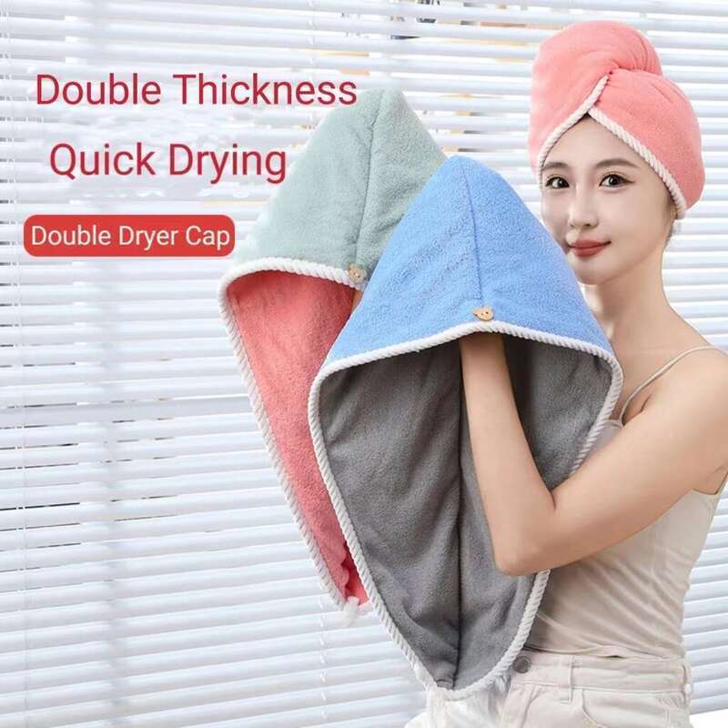Double Layer Dry Cap for Women, Coral Fleece Head Wrap, Super Absorbent Hair Washing Towel, Quick-Dry Bath Cap, New