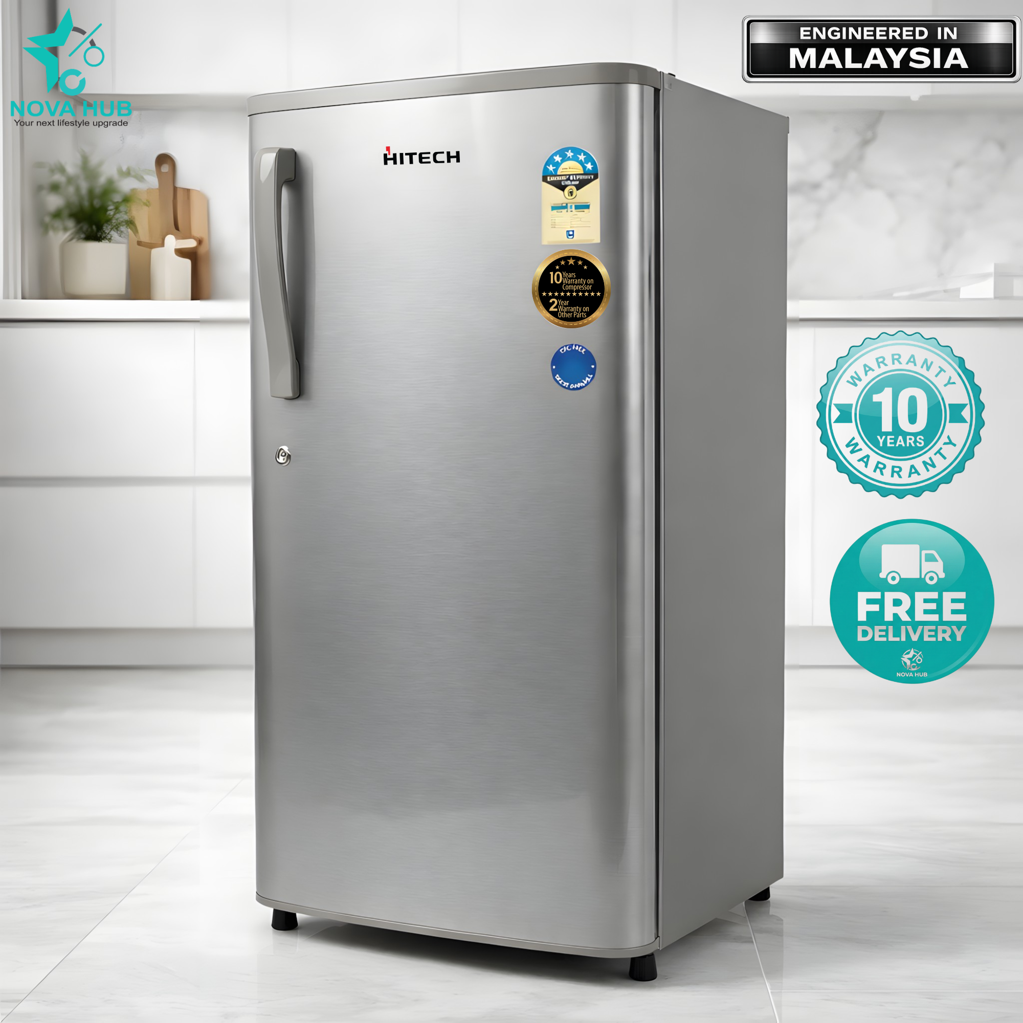 Hitech Malaysia HS-186BSH 186L Gross Single Door Refrigerator | Single Door Fridge | Silver Hairline Finish Fridge | Lock & Key | Clean Back Design | Energy Saving | Low Noise | Big Outside Handle | Your Next Lifestyle Upgrade | NovaHub | Mini Fridge
