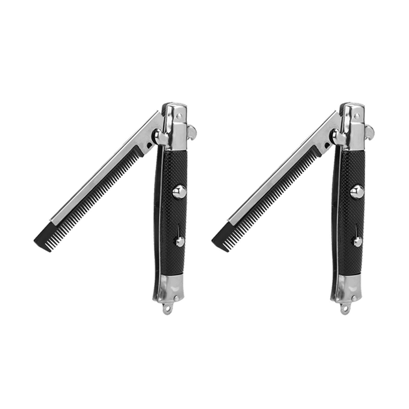 NAMUNY 2X Stainless Steel Hair Folding Beard Comb Hairstyling Tools Switch Combo Pocket Long Round Handle Hair Comb