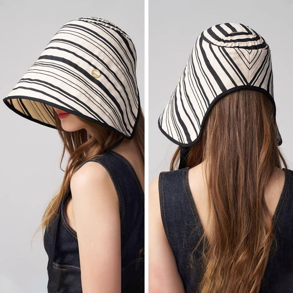 Fashion Ribbon Women Striped Fisherman Hat Solid Color Foldable Summer Sun Hat Wide Brim Breathable Bucket Hat Camping